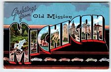 Greetings From Old Mission Michigan Large Letter Postcard Linen 1940 Automobiles picture