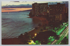 Sunset View Waikiki Beach Kalakaua Avenue Hotels Hawaii HI c1960s Postcard B5 picture