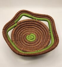 Artisan Brown  Handwoven Straw Basket Large with Green Accents Vintage Decor  picture