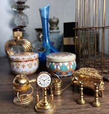 Brass Miniatures Lot 6 Pc Clock Candle Sticks Water Can Piano  Fondue Pot W... picture
