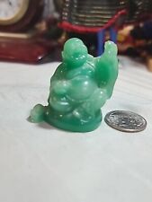 Hand Carved Buddha Lucky Laughing Happy Feng Shui Green Jade- Statue 4.25