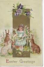 Postcard Easter Greetings Girl Blue Dress feeding Bunny Rabbit picture