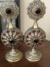 Vintage Ornate Jeweled Ormolu Filigree Perfume Bottle Dauber Set Of 2 picture