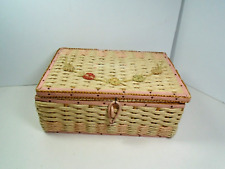 VINTAGE WOVEN RAFIA PINK SEWING BASKET WITH FLOWERS AND SATIN LINING picture