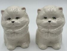 2 Vintage White Persian Ceramic Cat Statue Kitty Figurine w/ Striking Green Eyes picture