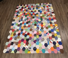 Vintage Hand Sewn Quilt Topper Hexagon Mix Match Design Size 83