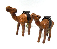 Vintage Lot of 2 Camels Leather Wrapped Figurines Glass Eyes Saddle 5.5