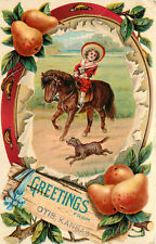 Embossed Postcard Tambourine Vignette Child Pony &Dog Greetings Otis Kansas Pear picture