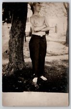 RPPC Barefoot Shirtless Man At Tree Real Photo c1910 Postcard B41 picture