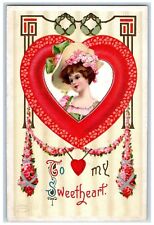 c1910's Valentine Giant Heart Pretty Girl Big Hat Pansies Flowers Postcard picture