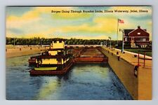 Joliet IL-Illinois, Barges Going Through Brandon Locks Souvenir Vintage Postcard picture