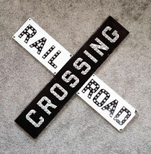 VINTAGE PORCELAIN RAILROAD CROSSING 3 PC SIGN CROSSBUCK w/ CAT EYES, MFG & DATED picture