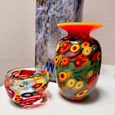 2 Pc Mad Art Studio Hand Blown Glass Vase Millefiori Colorful Mixture Signed Rar picture