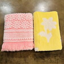 VTG Dundee Yellow Pink Floral Cotton Fringed Sculpted Bath Towel Lot Of 2 1960s picture