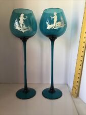 19 1/2 Inch Set Of 2 Blue Long Stem Painted Glass Goblets picture