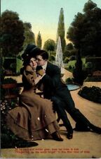 Vtg Romantic Couple Cuddling in Park Fountain Hand Colored 1908 Postcard picture
