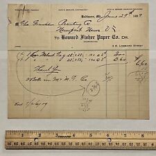 1909 HOWARD FISHER PAPER COMPANY BALTIMORE, MD VINTAGE INVOICE RECEIPT picture