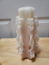 Pink & White Hand Carved Ribbon Wax Pillar Candle Vintage 1970's Retro 9”  picture