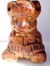 Vintage Hand Carved Wood Bear Figure With Hat, Sitting, 4.1/2