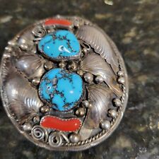Vintage Sterling Silver Turquoise & Coral Belt Buckle by FW (Frank Willie) 55g picture