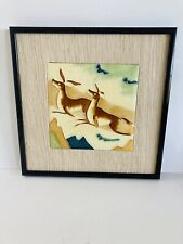 Vintage Framed & Matted Tile Wall Art  2 Deer Jumping, A Watercolor Look 6x6” picture