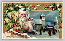 c1910 Blue Santa Claus Toys Tree Church Candle People Christmas P204 picture