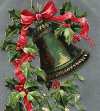 c1906 Sander Christmas Holly Postcard Bell Embossed Silver Red Ribbon Merry  picture