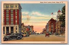 Union Street View North Olean New York Linen Old Cars American Flag WOB Postcard picture