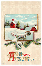 A Happy New Year Postcard Snow Covered Roofs & Snow covered Christmas trees #46 picture