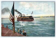 1908 Off Butler Street Dock Steamer US Flag People Port Huron Michigan Postcard picture