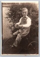 Vintage Photo Young Boy Child Wearing Bowtie And Overalls Riding On Tricycle picture