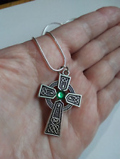 Celtic Cross Necklace Silver Green emerald crystal 925 sterling chain 20