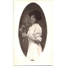 Vintage Postcard RPPC Woman with Dress and Dandelion in Oval Frame1900s AZO picture