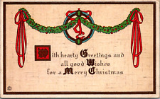 Vintage 1919 Merry Christmas Greetings And Wishes Holly Swag & Ribbon Postcard picture