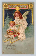 Postcard Christmas Little Girls Angel Wings Sleigh Gifts Tuck's Santa Stamps1908 picture
