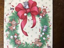 VTG Christmas Card Hallmark Charmer Thank You Wreath Rabbits Mice  picture
