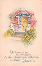 1929 Art Deco Easter Motto PC of Daffodils & Pretty Pink Blossoms by Front Door picture