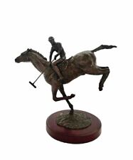 Jockey on Horse Statue Vintage Metal Rider Equestrian Figurine on Wooden Base picture