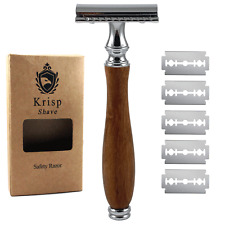 LONG WOODEN HANDLE DOUBLE EDGE SAFETY RAZOR FOR MEN BEARD WET SHAVE + 10 BLADES picture