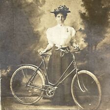 RD Photograph RPPC Postcard Cut Trimmed Woman Bike Bicycle Studio Photo 1910-20s picture