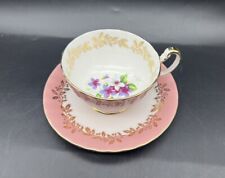 Vintage Aynsley Pink Tea Cup and Saucer Gold Leaf Trim Purple Flowers picture