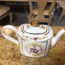 VINTAGE  Arthur Wood England #5465 Vintage Drum Teapot w/Lid Gold Trim Violets picture