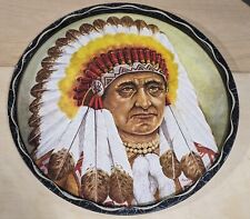 NATIVE AMERICAN INDIAN CHIEF PAINTED DECORATIVE COLLECTIBLE METAL TRAY. 11 INCH picture