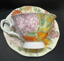 GRACIE BONE CHINA WHITE WITH PINK PHLOX FLOWERS DAHLIAS AND MORE TEACUP & SAUCER picture