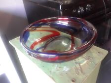 Hand Blown Blue Red Swirl Large Bowl Serving Dish Signed 11 1/2