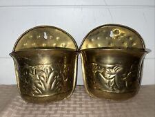 2 Vintage Hosley Solid Brass Wall Pocket Planters Pots - Aged Patina, Worn MCM picture
