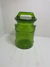 L E Smith Glass Milk Can Shaped Green Apothecary Cookie Jar/Canister 7.5” picture