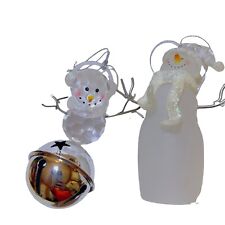 Clear/Frosted 2 Snowmen Christmas 4.5” Ornaments Earphones Jingle Bell Scarf Hat picture