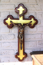 Antique XL bronze wood crucifix fleur de lys religious picture