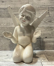 Ceramic Angel Cherub 7x6” Kneeling w/ Glitter Wings Vintage Signed BE picture
